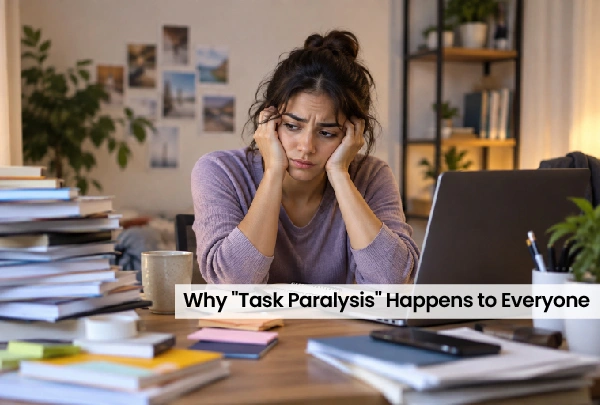 Person experiencing task paralysis and difficulty focusing on daily tasks