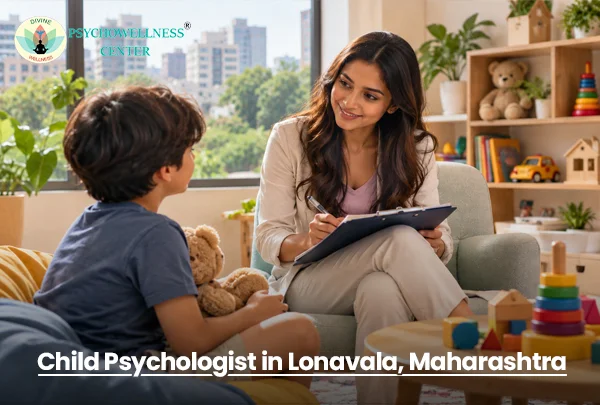Child psychologist in Lonavala, Maharashtra counselling a young boy with a teddy bear during a therapy session at Psychowellness Center