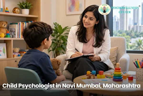 Child psychologist in Navi Mumbai talking with a young boy during a therapy session at Divine Psychowellness Center