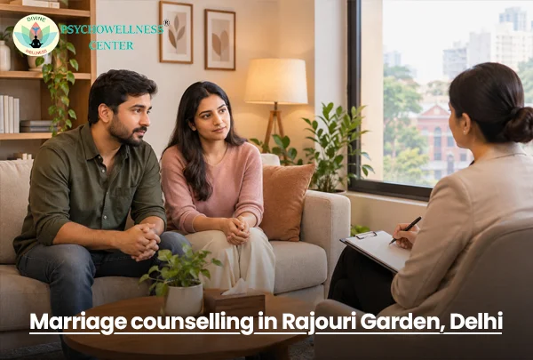 Couple attending marriage counselling in Rajouri Garden, Delhi, with a counsellor guiding their conversation