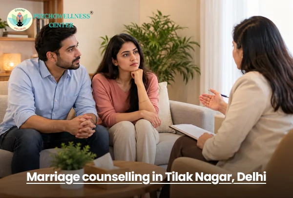 Couple talking with a counsellor during a marriage counselling session in Tilak Nagar